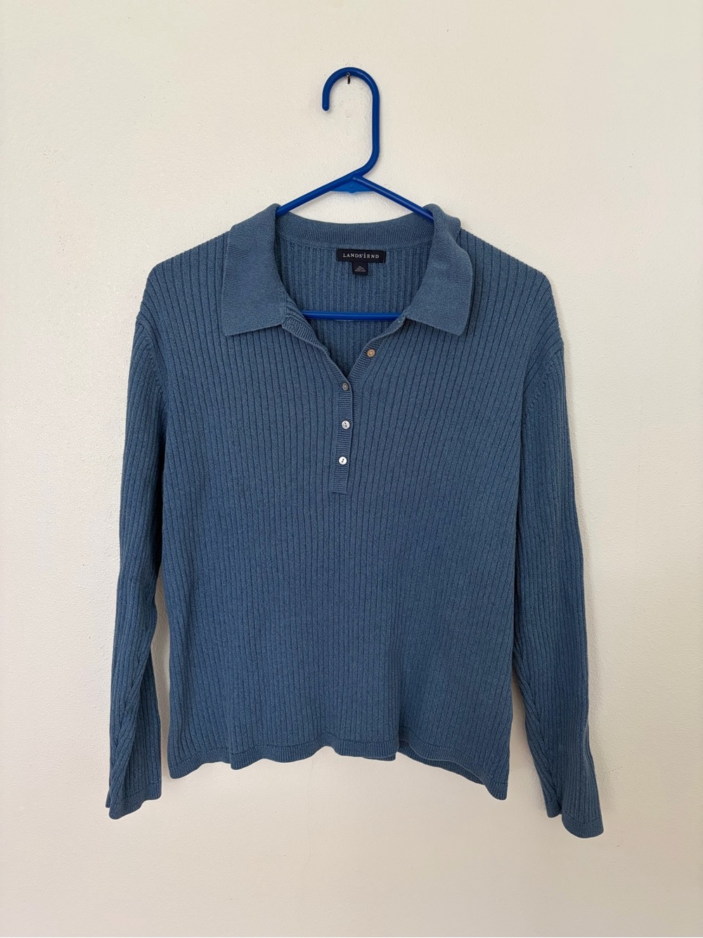 Lands' End Ribbed Long-Sleeve Polo in Dusty Blue